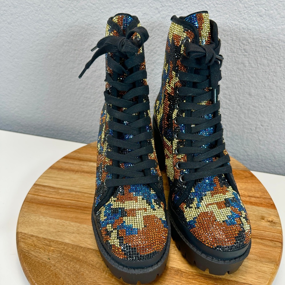Steve Madden Pass Rhinestone Camo Platform Combat Boots Multi Color 8.5M Bling - Picture 4 of 8